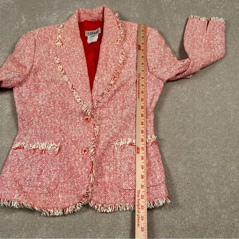 Feraud Pink/Cream Tweed 2 Button Blazer Fringe Hem Vintage Hungary Women's 6